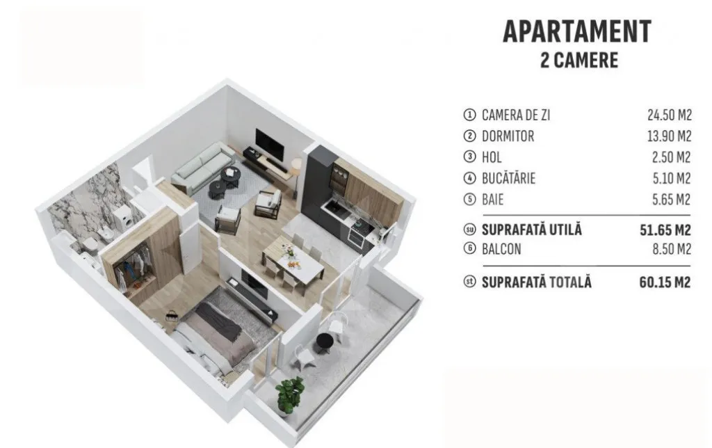 Apartament de 2 camere finisat 51 mp cartier rezidential n