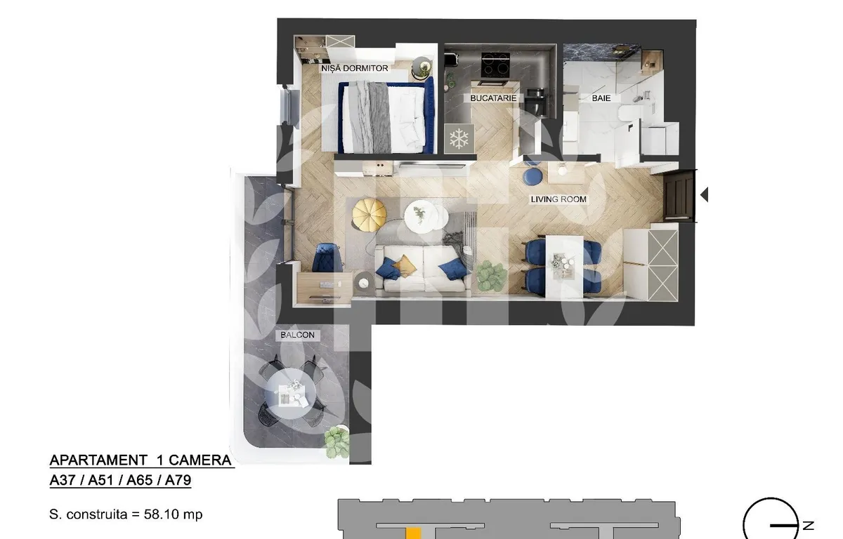 Pipera apartament 1 camera zona de Nord 49 38 mp utili