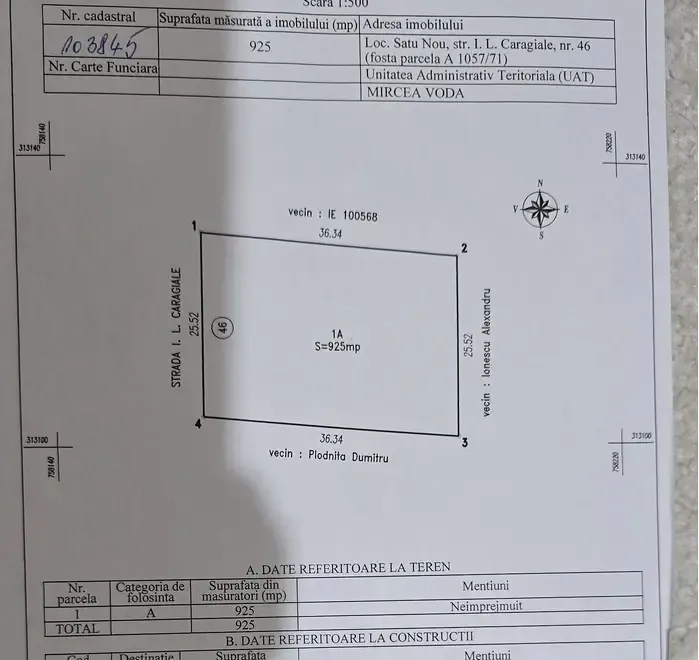 Vand teren intravilan 1000 mp patrati
