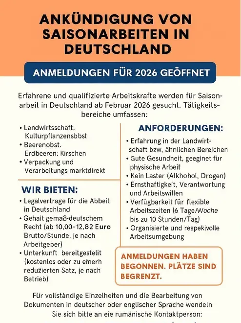 Munca sezoniera in germania inscrieri 2026
