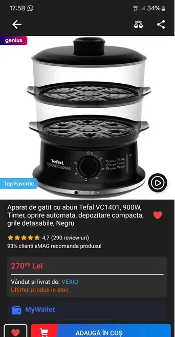 Aparat de gatit cu aburi Tefal VC1401 900W