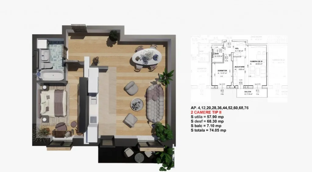 la cumparator Apartament 2 camere 65 mp Satin
