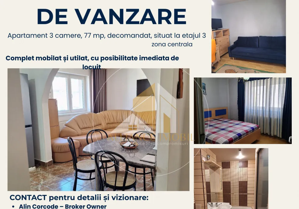 Apartament 3 camere de vanzare decomandat zona centrala