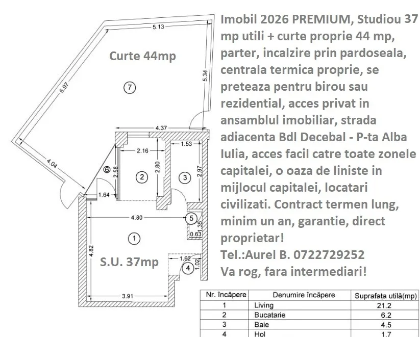Decebal Unirii bl 2026 prima inchiriere centrala termica curte 44 mp