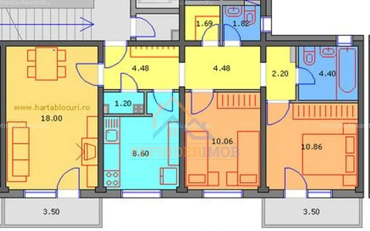 Rahova 3 camere decomandat 2 bai 2 balcoane