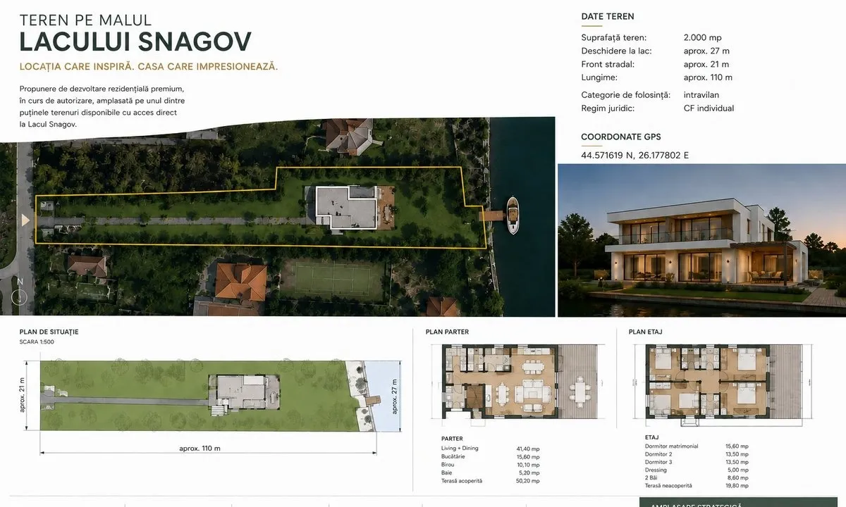 Teren rar pe lac Snagov 2 000 mp ponton garaj barca autorizatie