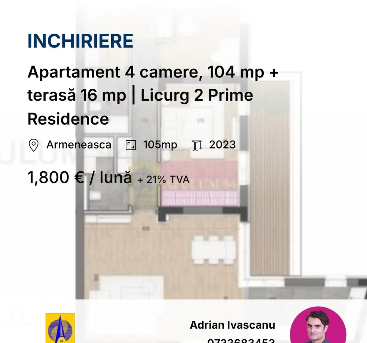 Apartament 4 camere 104 mp terasa 16 mp Cartierul Armenesc