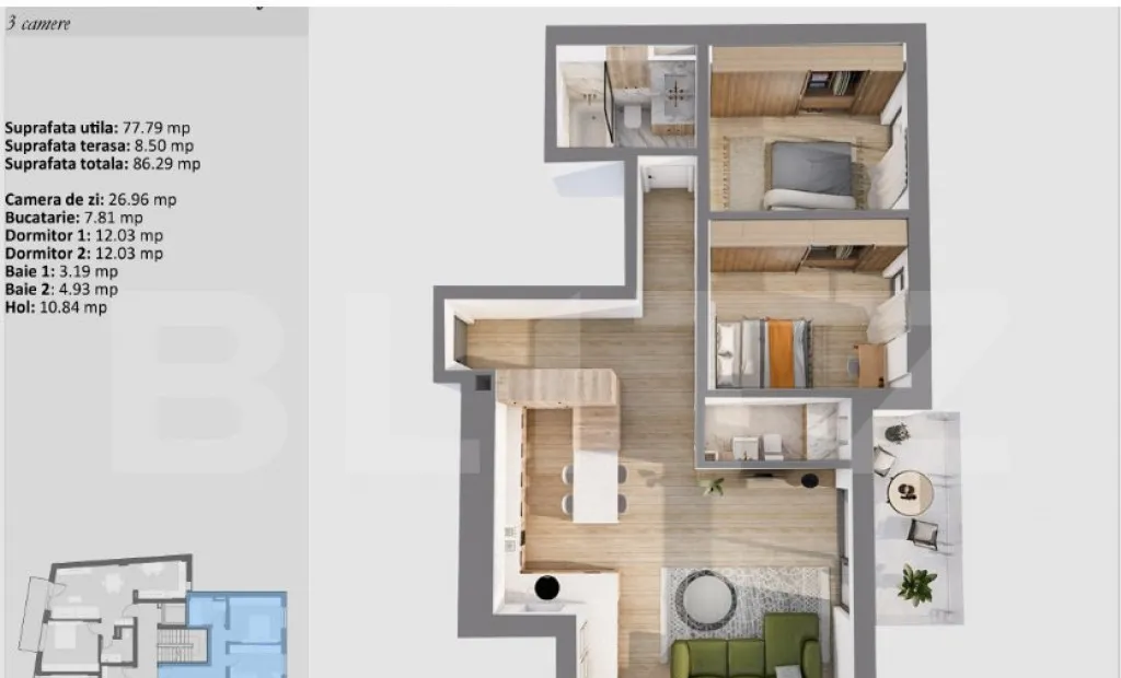 Apartament 2 camere 43 mp zona Iris