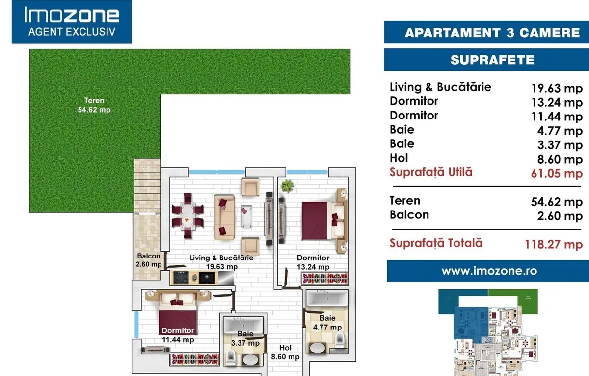 Apartament 3 camere la parter cu curte proprie de 57mp 2 bai pozitie pe sud