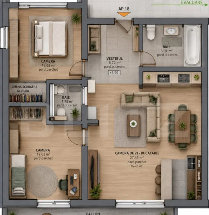 Apartament 3 camere 48 mp renovat complet zona Dambu Pie