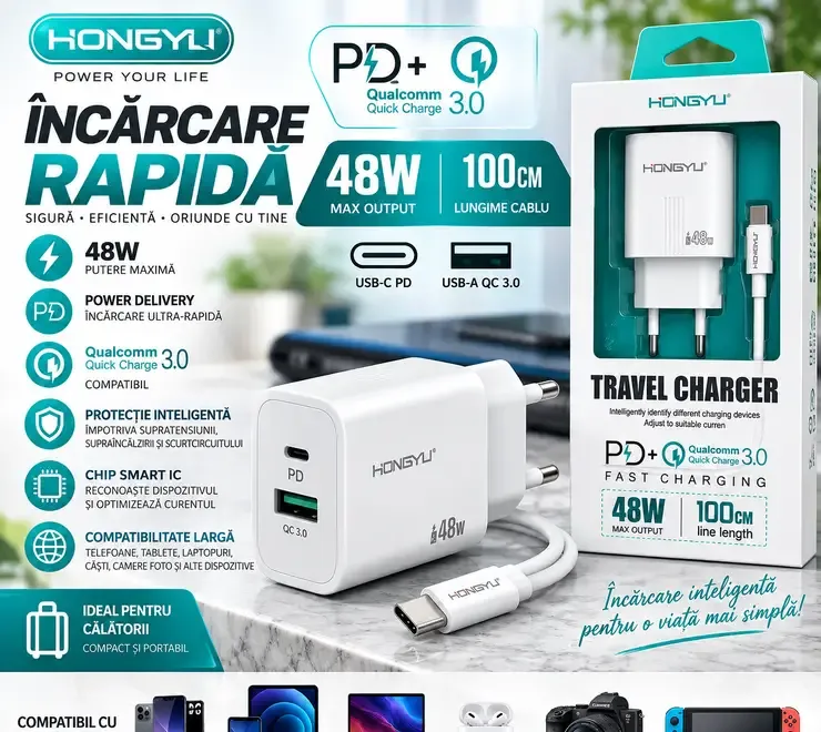 Incarcator Rapid HONGYU 48W si cablu 1m