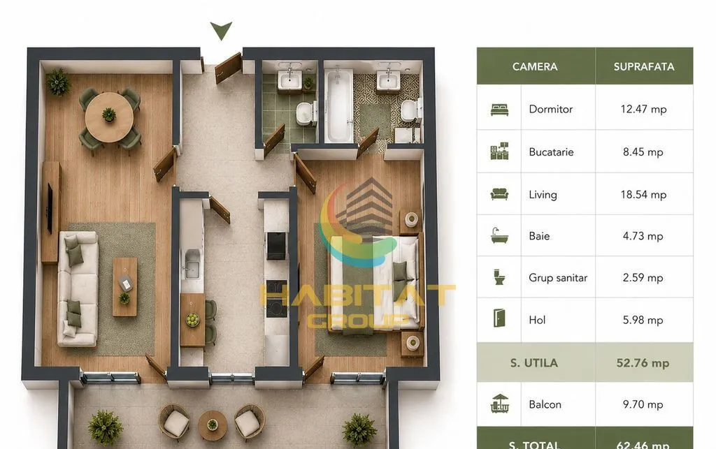 Apartament 2 camere 2 bai Premium