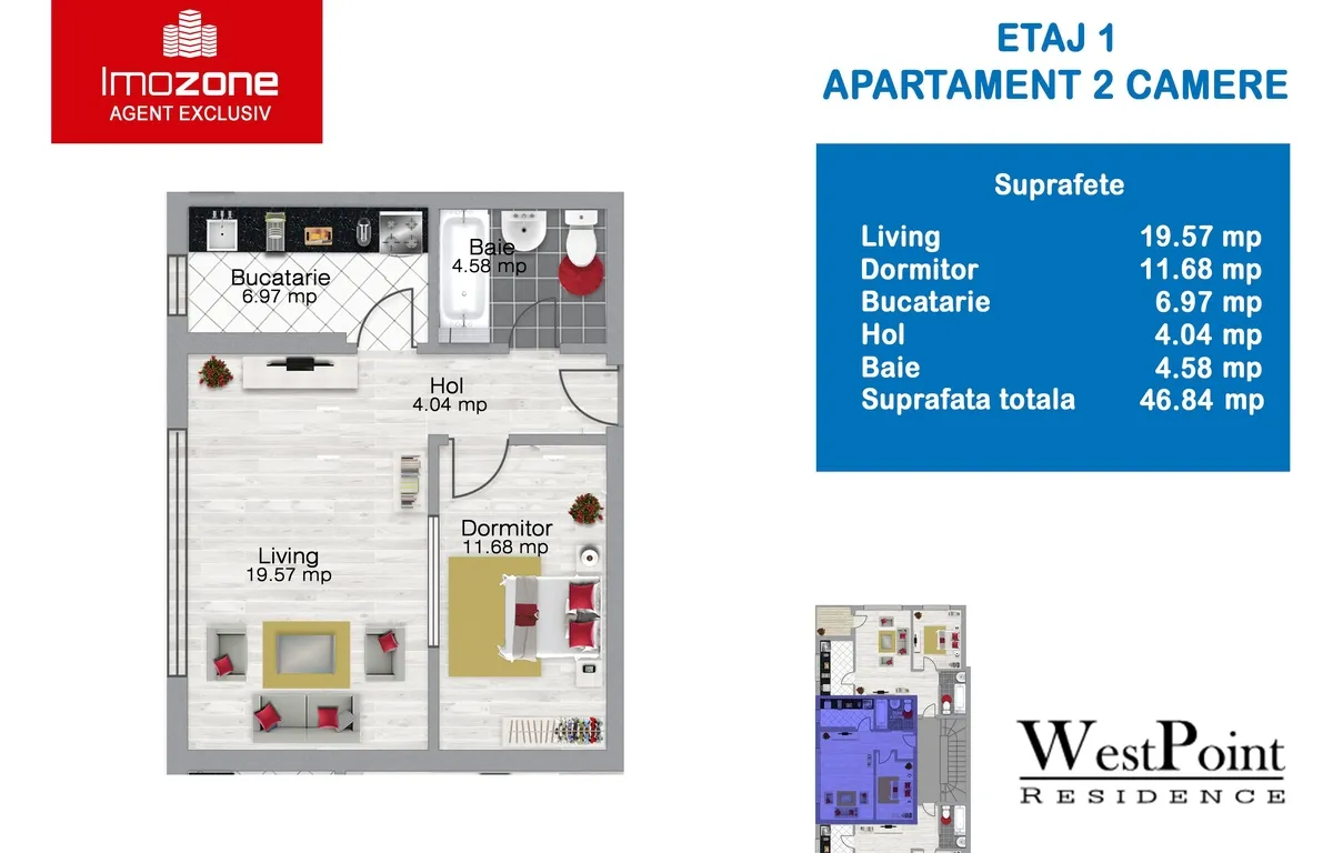 Apartament 2 Camere 47 mp centrala proprie Militari Pacii Bloc Nou