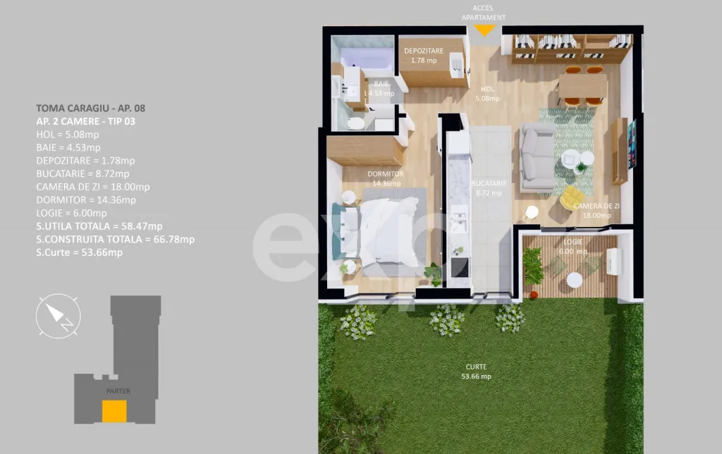 Tva inclus Apartament 2 camere Parter Curte proprie 53