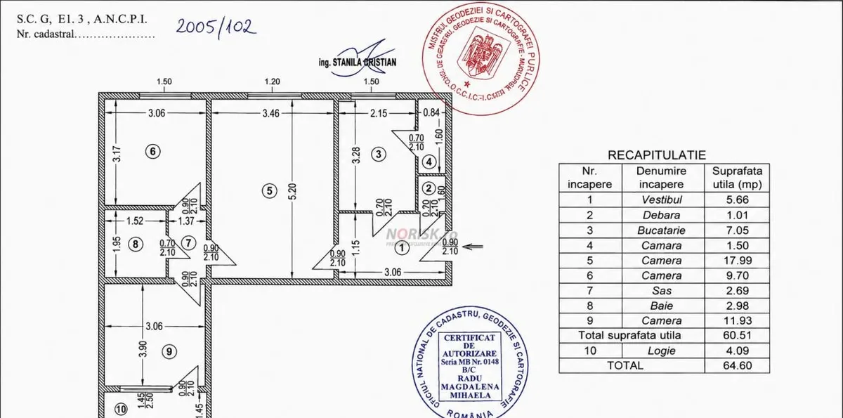 Brancoveanu ap 3 camere semidecomandat etaj 3 65 m2