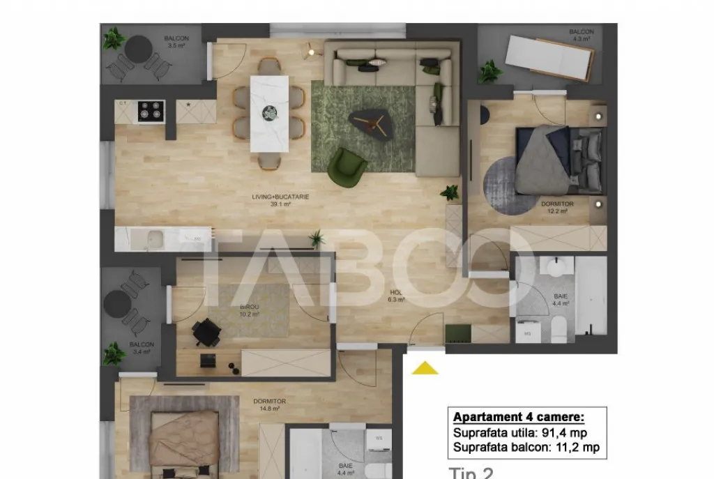 Apartament 91 mp 4 camere cu loc parcare Doamna S