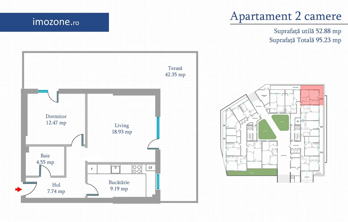 Doua camere 52 mp 42 mp terasa parter bloc finalizat centrala bucatarie inchisa
