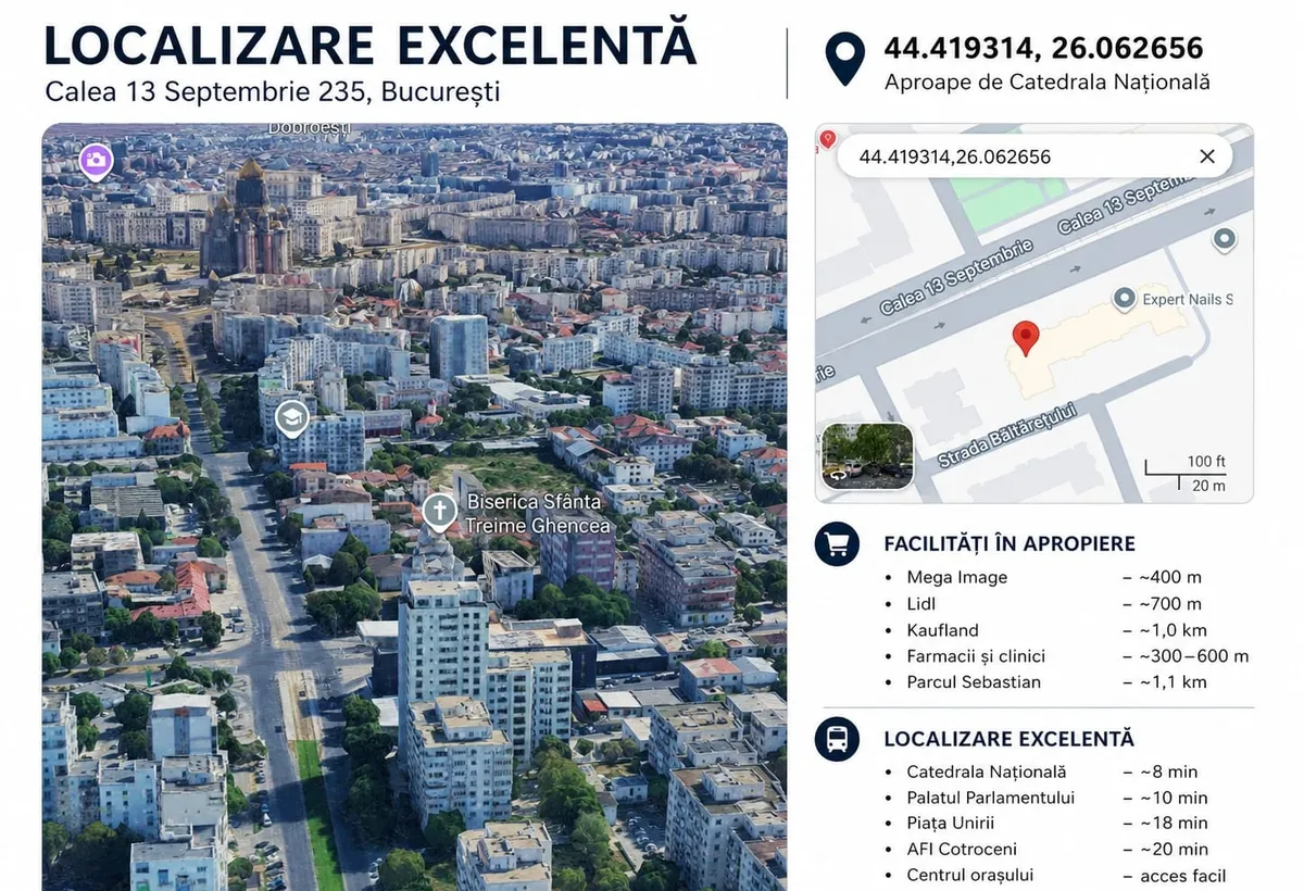 13 Septembrie nr 235 2 camere decomandat etaj 8/8 mobilat utilat