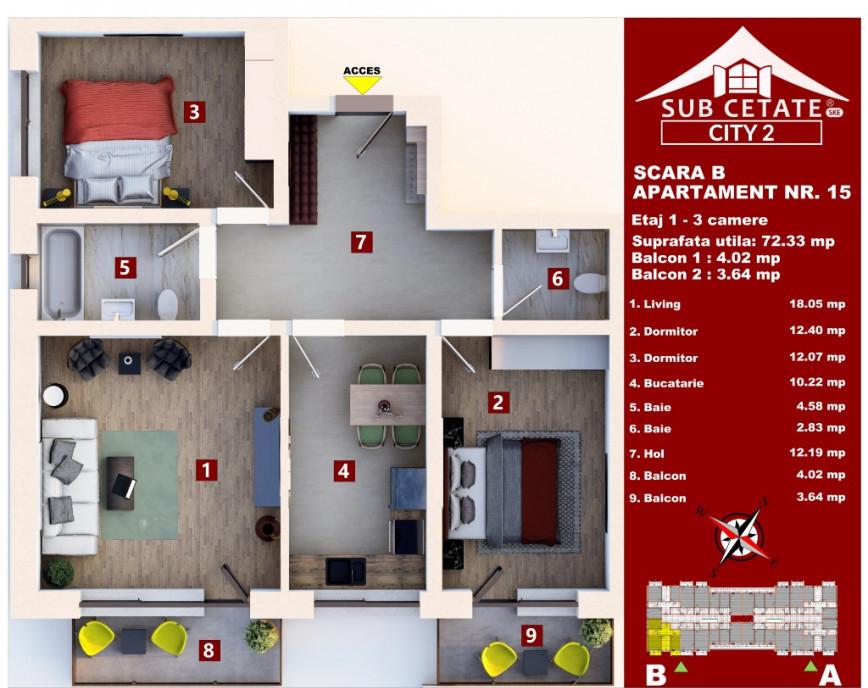 Cel mai mic pret apartament 3 camere 72 mp utili etaj 4